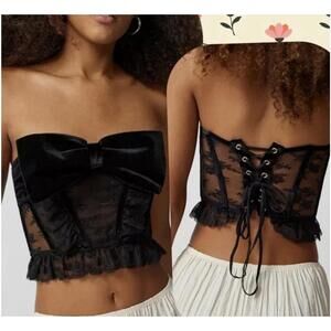 Urban Outfitters Out From Under M Black Lace Velvet Bow Down to Me Corset Top